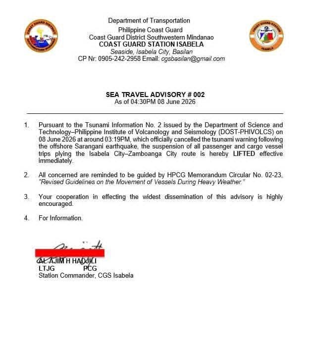 Advisory graphic for Sea Travel Between Isabela City and Zamboanga City Resumes Following Lifting of Tsunami Warning